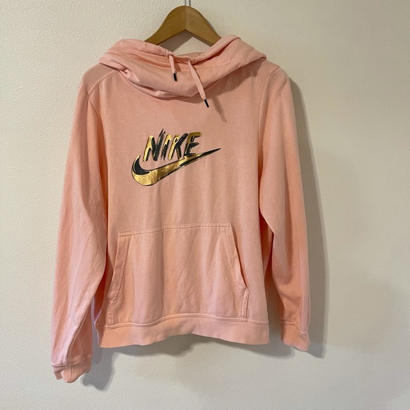 Nike Tops - Nike Funnel Neck Hoodie Pink Gold Swoosh Logo Oversized-Large